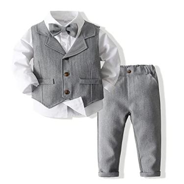 Imagem de JasberBaby Conjunto de camisa e calça de terno formal infantil com gravata borboleta 1-6 anos, Cinza, 2 Anos