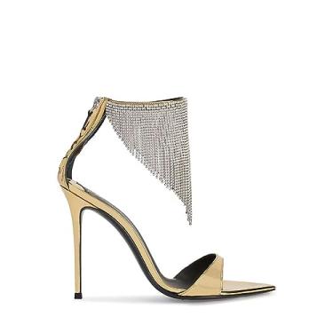 Imagem de FUUBAMB00 Sandália feminina stiletto de salto alto, bico fino, bico aberto, cristais, franja, tira no tornozelo, vestido de casamento, sapatos de formatura, Dourado, US8 EU41