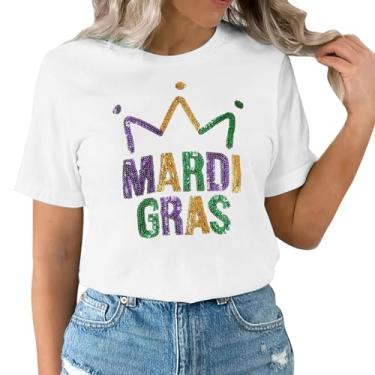 Imagem de 2024 Mardi Gras Outfit for Women Letter Printed Mardi Gras Shirts for Women Sparkly Fat Tuesday Camisetas, Branco, G