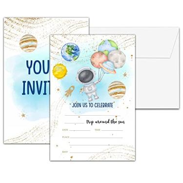 Imagem de Chuxvon Convites de festa de aniversário do espaço sideral, convite de aniversário Galaxy Blast Off, convites de preenchimento de dupla face, decorações de festa de aniversário de astronauta infantil,