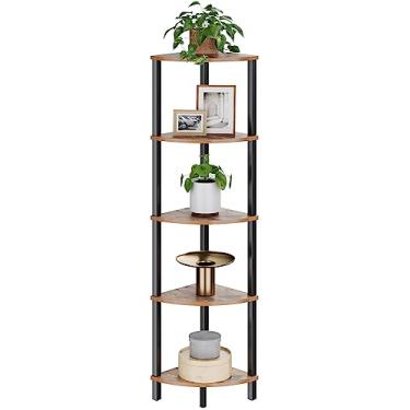 Imagem de VIMBER Prateleira de canto, estante de canto de 5 níveis, prateleira de escada de canto industrial, prateleira de exibição rústica para sala de estar, quarto, cozinha, escritório em casa, marrom rústico e preto UJSJ001H