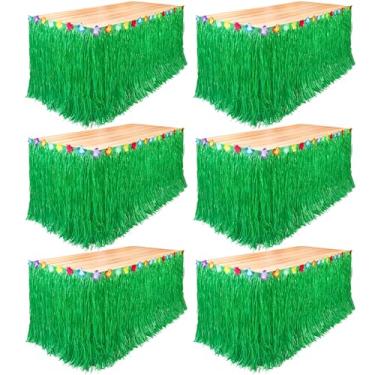 Imagem de Fovths Pacote com 6 saias de mesa de grama Luau Natural 2,5 x 75 cm Saia de mesa havaiana para decorações de festa havaiana tropical festa de luau festa à fantasia, verde