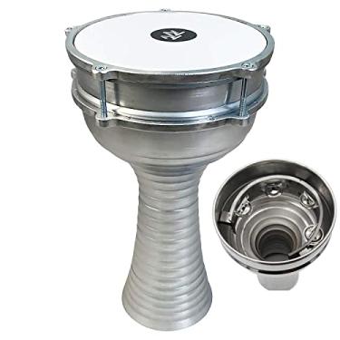 Imagem de ZAZA Percussion Darbuka de alumínio de 40 cm de comprimento, cabeça sintética sintonizável de 20 cm e jingles internos Doumbek (prata)