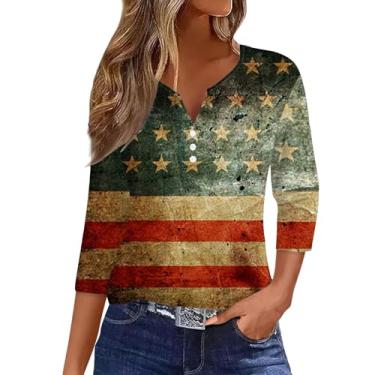 Imagem de Camiseta feminina PKDong 4th of July gola V botão bandeira americana casual manga 3/4 estampada camiseta EUA para mulheres tops de verão, Verde, G