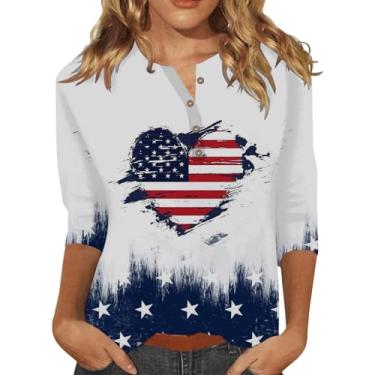 Imagem de Camiseta feminina 4 de julho casual bandeira americana listras estrelas manga 3/4 gola V túnica Memorial Day blusa patriótica, Branco, 3G