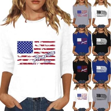 Imagem de Camisetas femininas com bandeira americana de verão 4 de julho camisetas de manga 3/4 Land of the Free Tops Patriotic Memorial Day, Branco, P