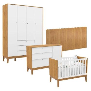 Imagem de Quarto de Bebê Unique 4 Portas com Cômoda Sapateira e Painel Farm Freijó Branco Soft Eco Wood - Matic