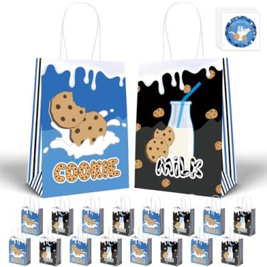 Imagem de HAPPARTY Saco de presente com alça de leite e biscoito, 16 peças + adesivos azuis de biscoito e leite, 30 peças, sacos de doces para levar para viagem, chá de bebê monstro, decoração de festa de