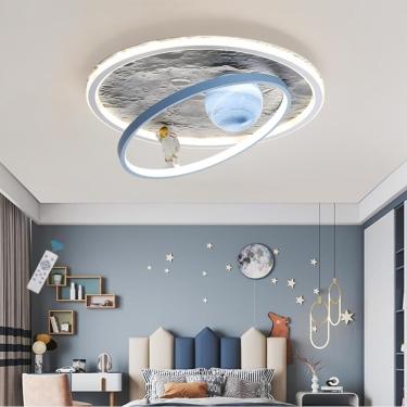 Imagem de Luminária de teto LED para quarto infantil regulável com controle remoto Luminária de teto infantil com design de astronauta Lustre de anel Lunar Meninos Meninas Quarto luminária de sala de