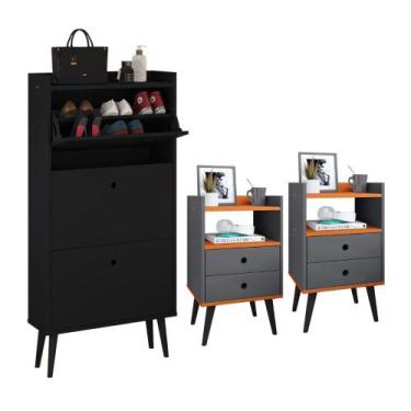 Imagem de Kit Sapateira Vertical 3 Gavetas Basculantes Dark Preto e 2 Mesinhas C