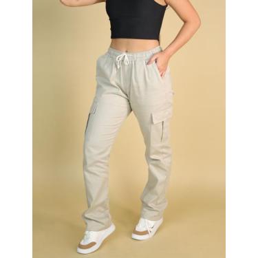 Imagem de Calça Cargo Feminina Sarja Parachute 6 Bolsos Larga Moda Streetwear Bl
