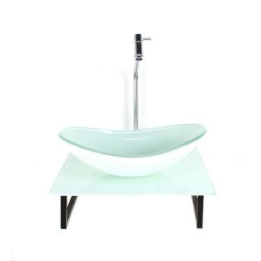 Imagem de Kit cuba de vidro oval 10mm com tampo de vidro 40cm x 40cm branco full