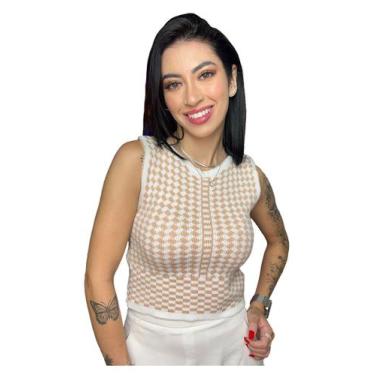 Imagem de Blusa Feminina Cropped Tricot Modal Xadrez Regata - EUC STORE, Nude