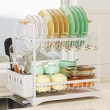 Imagem de Escorredor de pratos de cozinha, escorredor de pratos de 2 níveis, escorredor de pratos para balcão de cozinha, escorredor de pia grande à prova de ferrugem com bandeja coletora, suporte de