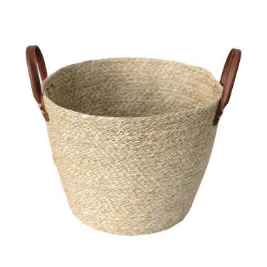 Imagem de Cesto de Fibra Natural Mocca C/ Alça Ø28x22cm p/ Organização Decoração