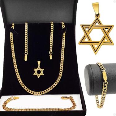 Imagem de Kit Acessórios Corrente Pingente Estrela Davi Pulseira Aço