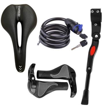 Imagem de Kit de Bike 4 itens Cadeado + Pezinho Descanso Lateral + Par de Manopl