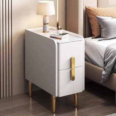 Imagem de Mesa de cabeceira fina para espaços pequenos, mesa lateral estreita, moderna e minimalista com acabamento em couro sintético e pernas de metal, armário de armazenamento de gaveta dupla para quartos e