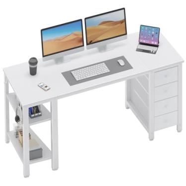 Imagem de Lufeiya Mesa de computador branca com gavetas de tecido e prateleiras de armazenamento, mesa de trabalho de 138 cm para escritório em casa, quarto, mesa de PC simples, moderna e fofa, branca