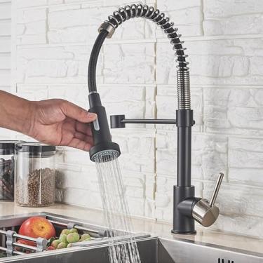 Imagem de Torneira de cozinha Pull Out Stream Deck Mounted Matte Black Mixer Tap 360 graus Rotação Pia de cozinha Torneiras quentes e frias, níquel e preto