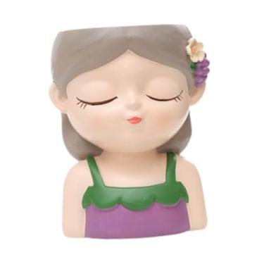 Imagem de Generic Cartoon Girl Planter Vaso de Plantas Decorativo Vaso de Mesa Pequeno Vaso de Flores de Resina para Pátio, Cinza Violeta