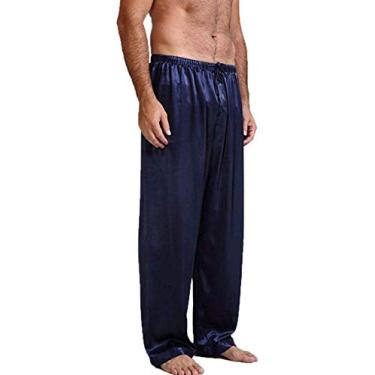 Imagem de Calça de pijama masculina de cetim, calça de pijama comprida com cordão, Azul, M