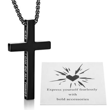 Imagem de XIANNVXI Colar de cruz masculino de aço inoxidável, corrente de cruz para homens, pingente de cruz inspiradora de versículo bíblico, joia cristã masculina, 24in, Aço inoxidável, Sem Pedra Preciosa
