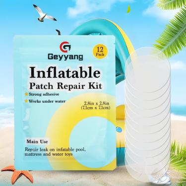 Imagem de GEYYANG Kit de reparo inflável de 12 peças, kit de reparo autoadesivo de TPU para piscinas, barcos infláveis, colchões de ar, casas de salto, barracas, brinquedos infláveis, kit de remendo de colchão