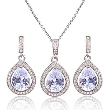 Imagem de Conjunto de joias de lágrima para mulheres – Conjunto de brincos de gota e pingente de zircônia cúbica pequena de prata esterlina com zircônia cúbica e pingente para casamento, noiva, madrinhas, mãe da noiva, formatura, festa, bijuteria, Pedra preciosa, Zircônia cúbica