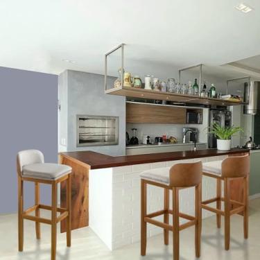 Imagem de Banquetas Altas para Bar, Conjunto de 3, Madeira Natural com Estofado Cinza, Encosto Baixo, Altura 75 cm