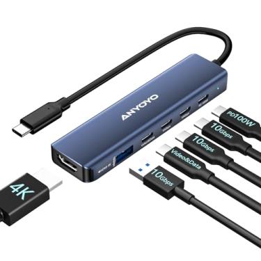 Imagem de ANYOYO Hub USB Dual Monitor 4K a 60Hz, adaptador multiporta USB C 6 em 1 com 1 HDMI, 1 saída de vídeo e dados USB C para divisor USB C, 3 x USB C 10 Gbps, 100W PD, para Dell/HP/Mac Pro/iPad