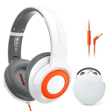 Imagem de TONOSHARK Fones de ouvido infantis com fio com microfone, volume limitado a 85/94dB, fone de ouvido para meninos e meninas, fone de ouvido dobrável de 3,5 mm para escola e viagens, inclui capa