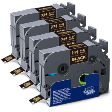 Imagem de Absonic Pacote com 4 etiquetas Tz-334 ouro sobre preto para Brother Tze-334 Tze334 P Touch Tz Tze 12 mm 1,2 cm fita preta laminada 1/2 polegada para PTD220 PTH110 PTD210 PTD400 PTP710BT PTD200