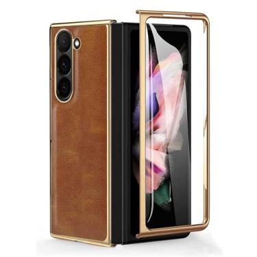 Imagem de HAO RIYLN Capa de couro para Samsung Galaxy Z Fold 6, capa galvanizada comercial com protetor de tela de câmera à prova de choque, capa fina, laranja, ZFOLD6