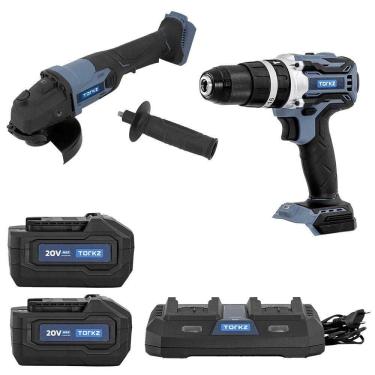 Imagem de Furadeira Parafusadeira TRB0010, Esmerilhadeira TRB0003 e 2 Baterias 4,0 Ah e 1 Carregador de Bateria Duplo Torkz, 20 Volts