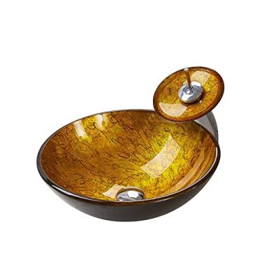 Imagem de CUTPOIY Pia de vaso de banheiro pia de vaso de banheiro arte moderna pia de banheiro de vidro temperado simples tigela redonda pia recipiente pia pia