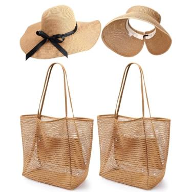 Imagem de Locmeo 4 peças essenciais para férias na praia, pacote com 2, sacola de malha, 2 unidades, chapéu de sol para mulheres, dobrável, dobrável, flexível, aba larga, chapéu de palha com proteção UV para