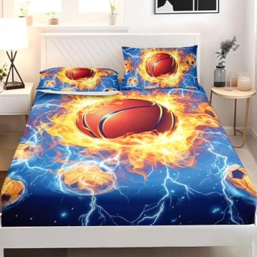Imagem de AILONEN Jogo de lençol solteiro esportivo para meninos, tamanho GG, basquete, futebol, estampa de bola de fogo, com 2 fronhas, 3 peças