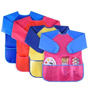 Imagem de KUUQA 4 peças de avental de arte infantil à prova d'água, aventais de pintura infantil com manga comprida e 3 bolsos para pintura, alimentação, idade de 2 a 6 anos (tintas e pincéis não incluídos)