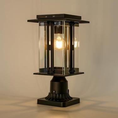 Imagem de LUTEC Poste de luz solar, luz de poste à prova d'água do crepúsculo ao amanhecer alimentada por energia solar com base de montagem no cais, poste de alumínio de 200 lúmens, perfeito para uso externo