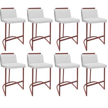 Imagem de Kit 08 Banquetas Com Encosto Confort Bistrô Cozinha Ferro Bronze Corino Branco Amey Decor