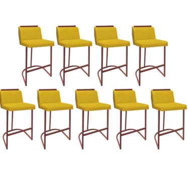 Imagem de Kit 09 Banquetas Com Encosto Confort Bistrô Cozinha Ferro Bronze Suede Amarelo Amey Decor