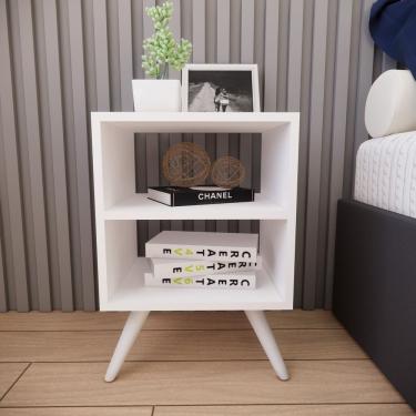 Imagem de Mesa De Cabeceira Com Pés Mesinha Madeira Criado Quarto Nicho Branco