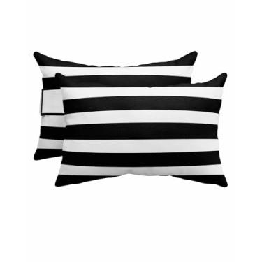 Imagem de Almofada de cabeça para ambientes externos para espreguiçadeiras, listras pretas e brancas modernas à prova d'água com enchimento, almofadas reclináveis lombares com alça elástica para jardim