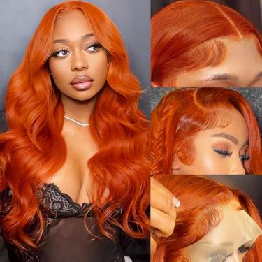 Imagem de VKVL Perucas De Renda Frontal Ruiva, Cabelo Humano Pré-Arrancado, Densidade 200% Hd, 13X4, Laranja, Ondulado, Frontal, Colorido, Sem Cola, 24"