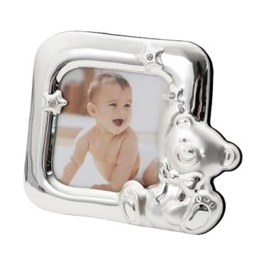 Imagem de Happy Homewares Moldura de bebê de urso de pelúcia sorridente em forma quadrada com pequenas estrelas de cristal de diamante | Suporte de feltro preto