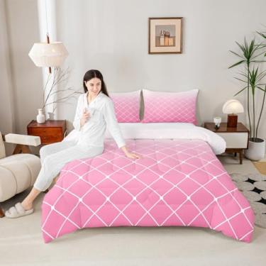 Imagem de Erosebridal Roupa de cama rosa, tamanho casal, para crianças, adolescentes, adultos, rosa e branco, ombré, geométrico, minimalista, estética, moderna, xadrez, contemporânea, boêmio, colcha gradiente