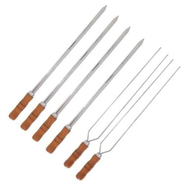 Imagem de Kit 6 Espetos 4 Espada E 2 Duplo 60cm Inox - Cabo De Madeira - INOX LA