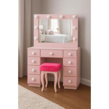 Imagem de Mesa Camarim Rosa Infantil com Espelho - Penteadeira MDF Completa - Ca