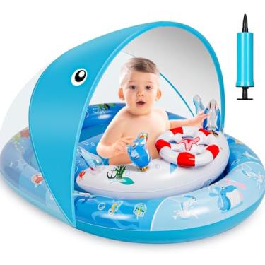 Imagem de Boia de piscina para bebês com proteção solar FPS 50+ e console de brinquedos e jogos, boia de natação para bebês com assento de segurança ajustável, adequado para bebês de 6 a 36 meses